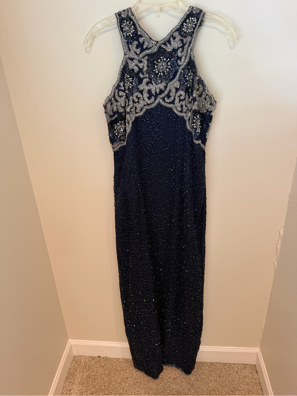 Vintage Navy and Silver Beaded  Evening Gown - Elegant Formal Dress